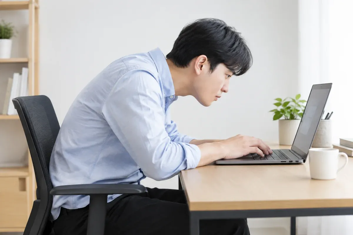 목디스크의 원인 중 장시간 잘못된 자세를 표현한 사진, 노트북 앞에서 고개를 앞으로 내민 채 앉아 있는 남성