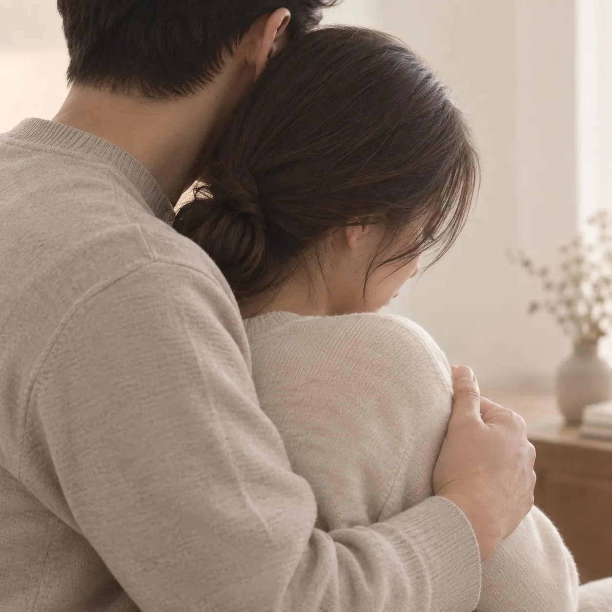화학적 유산 후 실망한 여성을 뒤에서 감싸 안아 위로하는 모습