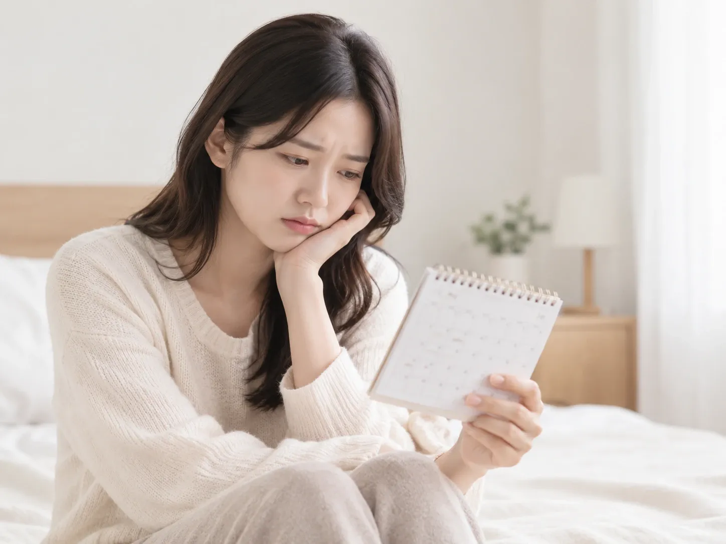생리불순을 걱정하며 침대에 앉아 달력을 들여다보는 여성