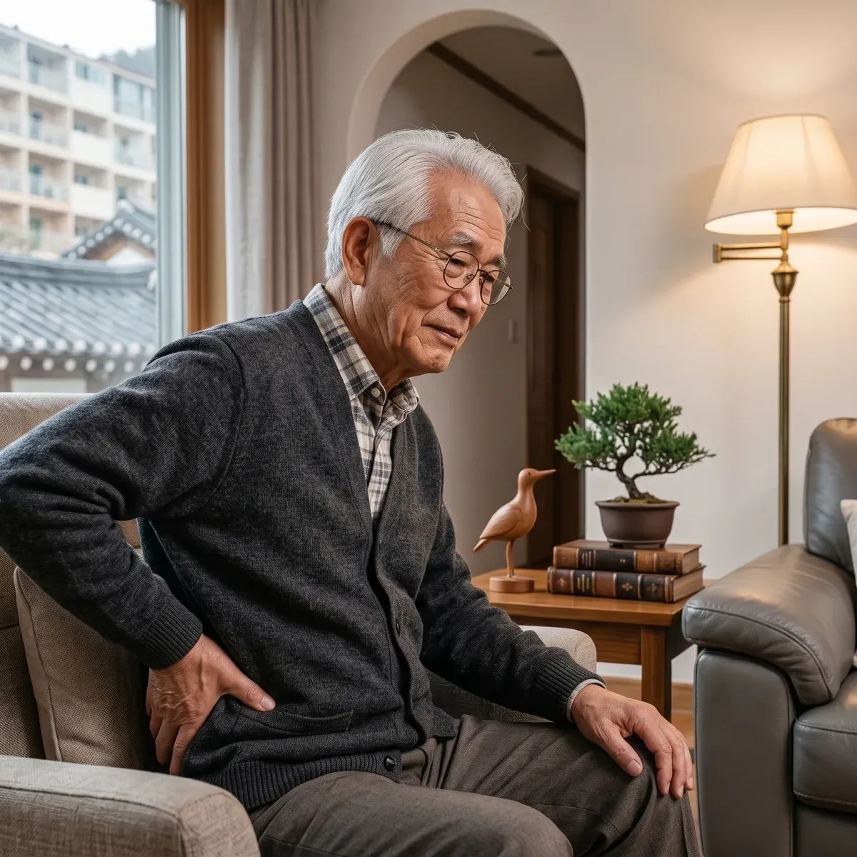허리디스크의 원인 중 노화로 인한 퇴행을 표현한 사진, 한 손으로 허리를 짚고 의자에 앉아 있는 노년 남성