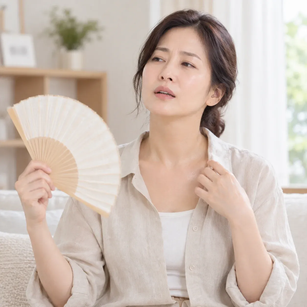 갱년기 안면홍조로 부채질을 하며 목덜미를 짚는 여성