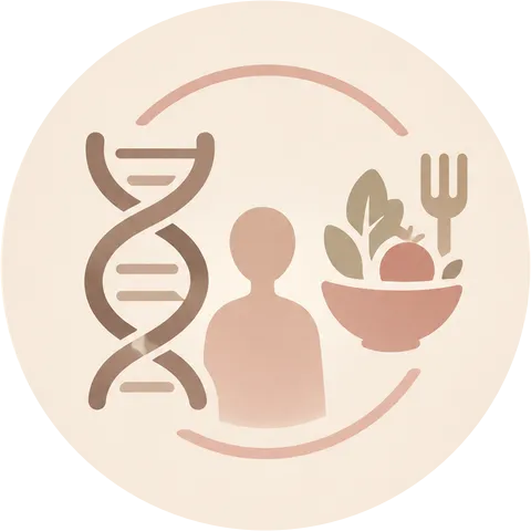 DNA 이중나선과 사람, 식사를 그린 심볼, 유전적·환경적 요인을 나타냄