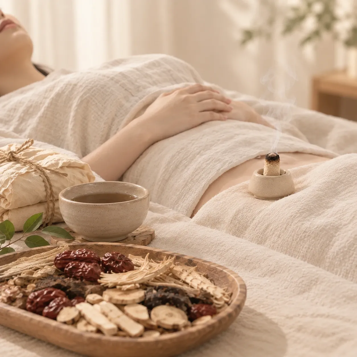 반복유산 진료에서 한의사가 누운 환자의 배 위에 뜸을 올린 모습, 곁에 탕약과 한약재가 놓여 있음