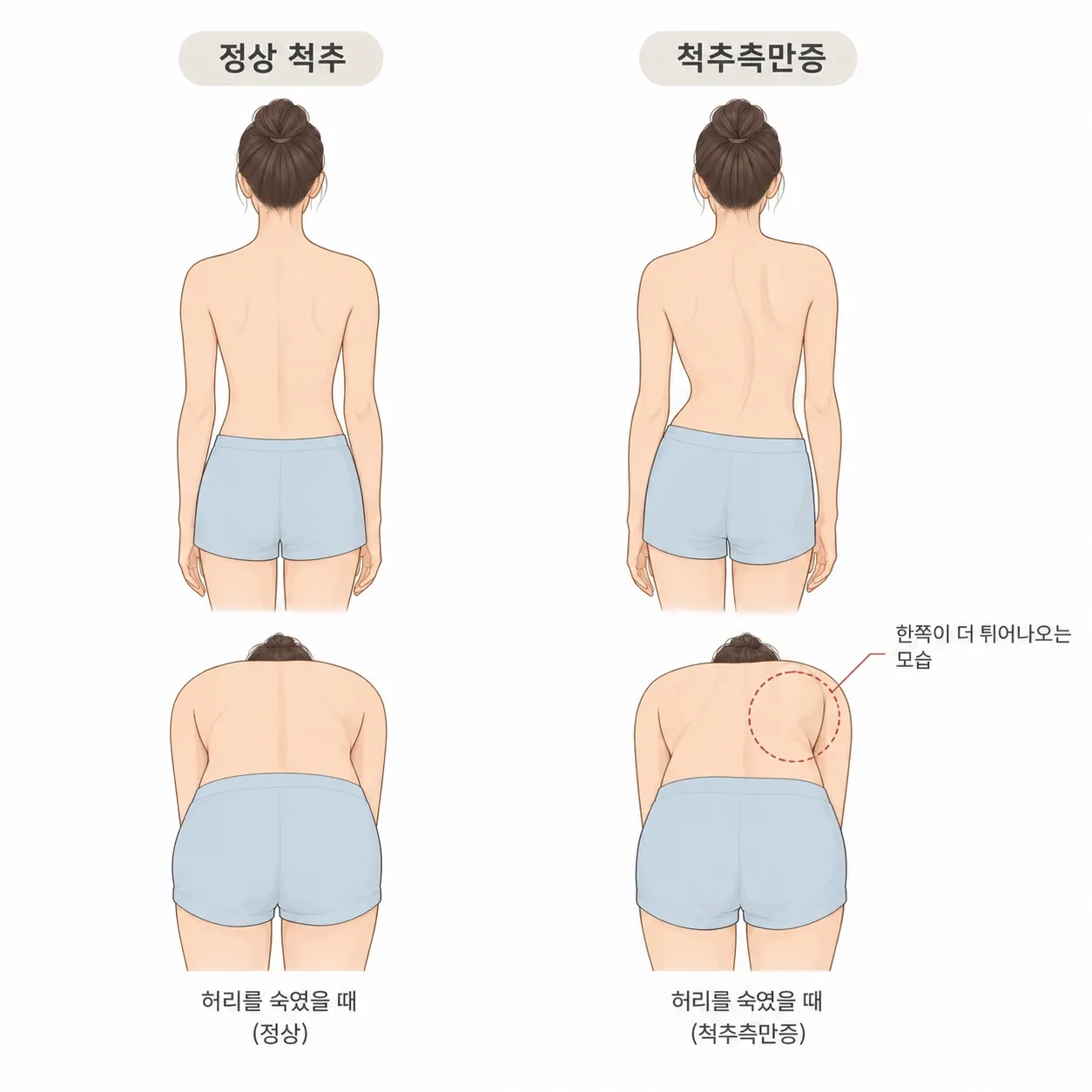 척추측만증과 정상 척추를 견준 그림, 똑바로 섰을 때와 허리를 숙였을 때의 등 모습으로 척추측만증에서는 숙였을 때 한쪽 등이 더 튀어나옴